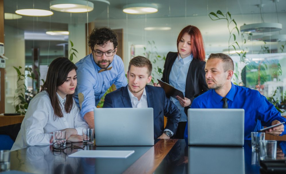 A group of business professionals collaborating on laptops in a modern office environment.